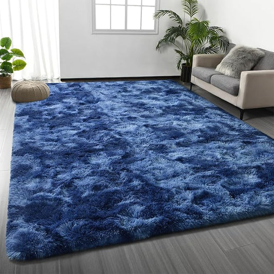 Deerhoo Large Shag Area Rugs 8 x 10, Plush Fuzzy Rugs for Living Room, Ultra Soft Fluffy Furry Rug for Bedroom, Indoor Carpet Nursery Rugs for Kids Room Home Decor, Tie-Dyed Navy Blue