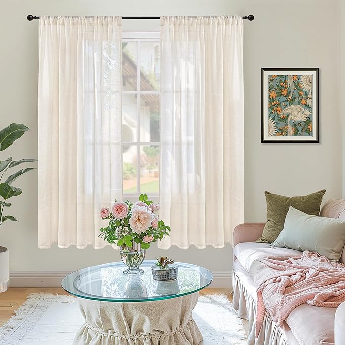 BGment 72 Inch Length Beige Linen Curtains for Living Room - Natural Semi Sheer Drapes with Rod Pocket Textured Rustic for Bedroom Country Light Filtering, 2 Panels, Each Panel 52 Inch Wide