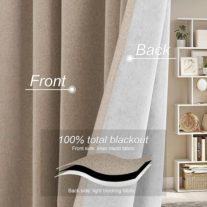 RYB HOME 100% Blackout Flax Linen Curtains, UV Protection Drapes for Bedroom, Rod Pocket & Back Tab UV Protection Drapes, Living Room & Villa Theater, Set of 2, W52 x L108, Mocha