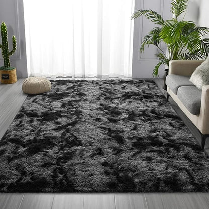 Deerhoo Shag Area Rug, 4 X 6 Tie-Dyed Plush Fuzzy Rugs for Living Room, Ultra Soft Fluffy Furry Rug for Bedroom, Indoor Carpet Nursery Rugs for Kids Room Home Decor, Dark Grey