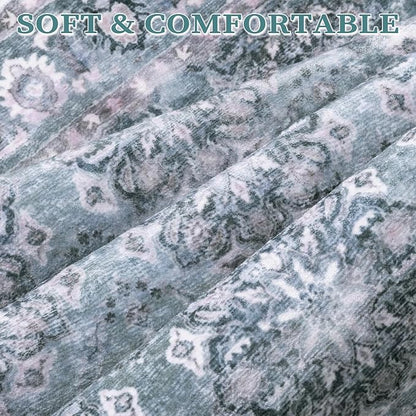 SERISSA 3x5 Boho Floral Area Rugs for Bedroom, Washable Kitchen Rugs Non-Slip, Ultra Soft Print Distressed Vintage Blue Grey Entry Rug Low-Pile Throw Rug Carpet for Bedroom Living Room Dorm Decor
