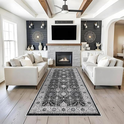 Washable 4x8 Hallway Runner Rug: Vintage 8ft Soft Runners for Entry Living Room Wide Low Pile Carpet with Non-Slip Backing for Kitchen Bedroom Thin Stain Resistant Floor Mat for Dining Room(Black,4x8)
