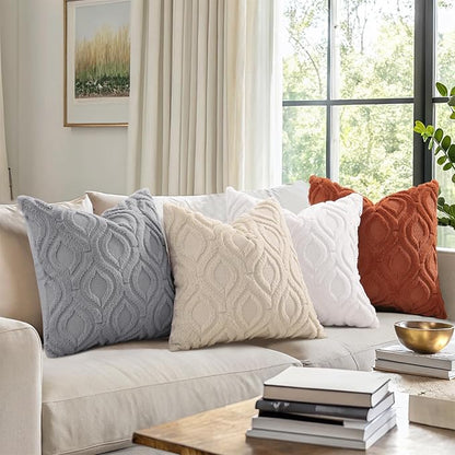 decorUhome Throw Pillow Covers 24x24 Inch Set of 2, Soft Plush Faux Wool Cream White Solid Couch Pillow Covers, Accent Euro Sham Farmhouse Neutral Square Pillow Cases for Sofa Bed Living Room