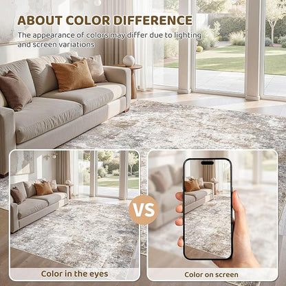 5x7 Area Rug Living Room Rugs - Washable Neutral Modern Abstract Soft Thin Large Rug Indoor Floor No Slip Rug Carpet for Bedroom Under Dining Table Home Office Decor - Brown Grey