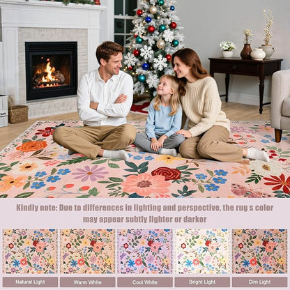 Round Area Rug for Living Room: 4 ft Floral Washable Circle Rug Soft Boho Non-Slip Carpet Indoor Stain Resistant Low Pile Small Circular Rug for Bedroom Entryway Kitchen Nursery Home Office Beige
