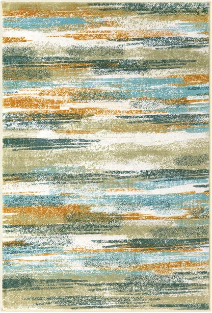 Lansny Modern Abstract 8x10 Large Machine Washable Living Room Rug Non-Slip Soft Bedroom Area Rug Green Mustard Multi Ultra Thin Print Faux Wool Carpet Throw Rugs for Playroom Dining Room Indoor
