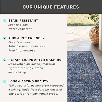 Washable Dining Room Rugs for Under Table - 7x9 Dark Blue Oriental Area Rug for Living Room, Low Pile Non-Slip Floor Carpet for Bedroom Under Bed - Vintage Design & Stain Resistance (7x9 Dark Blue)