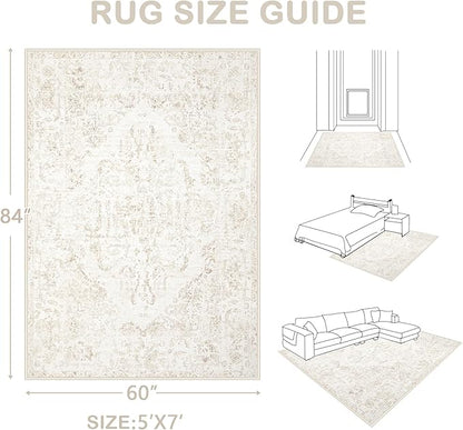 5x7 Area Rugs for Living Room: Washable Rug Vintage Large Rugs Soft Non Slip Low Pile Rug Floral Distressed Floor Carpet for Bedroom Kitchen Nursery Dining Room Home Office (Beige, 5'x7')