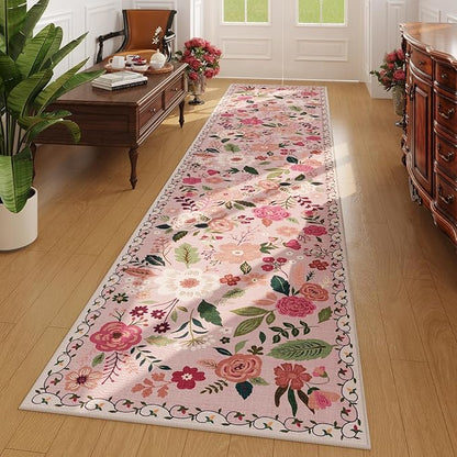 Rugcomf Runners for Hallways Kitchen Runner Rug Non Slip 2'x 10' Long Washable Rugs with Rubber Backing Soft Floral Carpet Runner for Hallways, Kitchen, Laundry, Bedroom, Bathroom(Pink)
