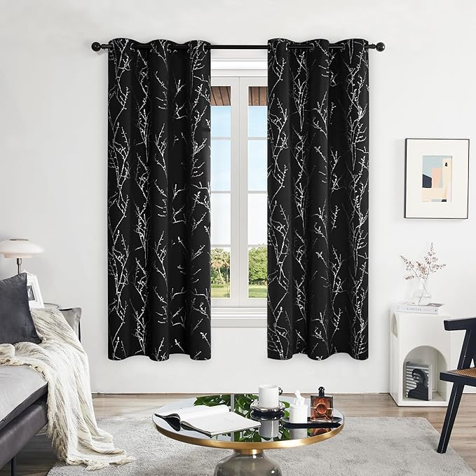 Deconovo Black Blackout Curtains, Thermal Insulated Soundproof Privacy Curtain Drapes, Branch Foil Print, 42 x 72 Inch Long, 2 Panels, Machine‑Washable Window Panel for Bedroom Living Room Office Home