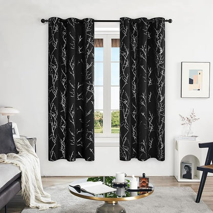 Deconovo Black Blackout Curtains, Thermal Insulated Soundproof Privacy Curtain Drapes, Branch Foil Print, 42 x 72 Inch Long, 2 Panels, Machine‑Washable Window Panel for Bedroom Living Room Office Home