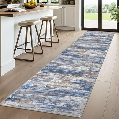 KOZYFLY Modern Abstract Washable Rug Runner 2.6x10 Hallway Rug Runner Non-Slip Soft Kitchen Runner Rugs, Blue Rust Striped Carpet for Entryway Bathroom Laundry Room Foyer