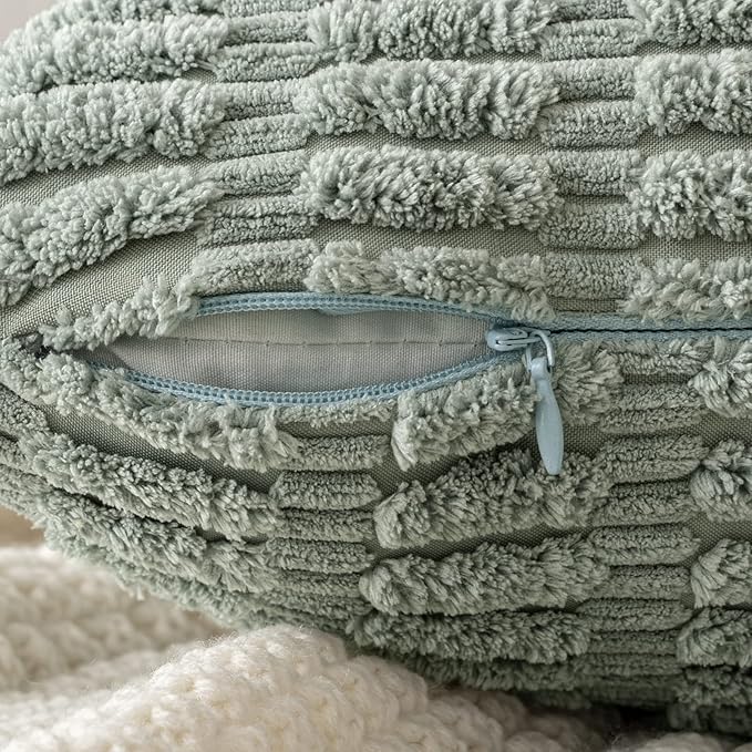 MIULEE Pack of 2 Spring Corduroy Decorative Throw Pillow Covers 12x12 Inch Soft Boho Striped Pillow Covers Modern Farmhouse Home Decor for Summer Sofa Living Room Couch Bed Greyish Green