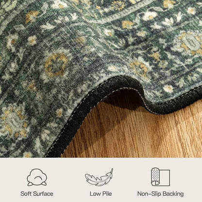 Lofus 2x10 Area Rug for Hallways,Green Washable Runner Rugs with Non Slip Rubber Backing, Low Pile Soft Carpet Runner for Kitchen Bathroom Bedroom Laundry