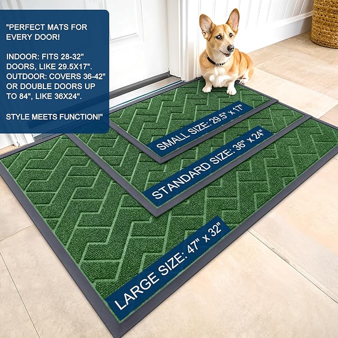 OLANLY Front Door Mat Indoor Outdoor Entrance, Waterproof All-Season, All-Weather Doormat, Sturdy Natural Rubber, Low Profile, Easy Clean Patio Porch Entryway Mat, Herringbone Brick (Green, 35x23)