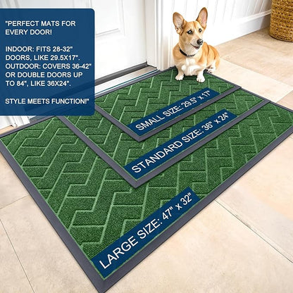 OLANLY Front Door Mat Indoor Outdoor Entrance, Waterproof All-Season, All-Weather Doormat, Sturdy Natural Rubber, Low Profile, Easy Clean Patio Porch Entryway Mat, Herringbone Brick (Green, 71x47)