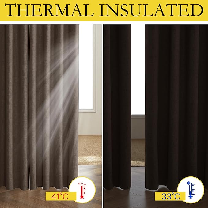NICETOWN Coffee Vintage Linen 100% Blackout Curtains for Living Room, Thermal Insulated Curtains 90" Long, Noise Reducing Window Treatment Drapes for Home Office, 62" Wide Per Panel, Set of 2
