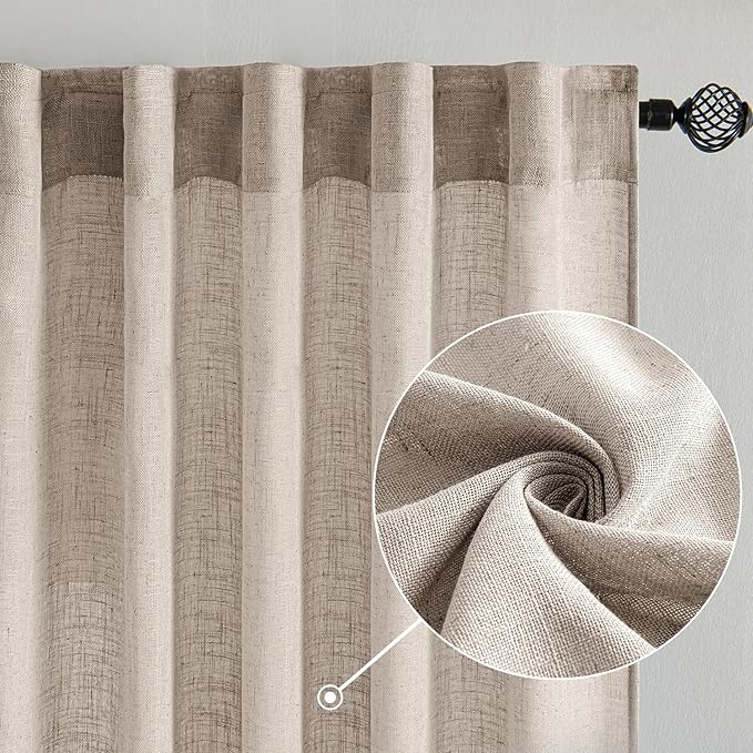 MIULEE Natural Linen Curtains 96 Inches Long 2 Panels for Bedroom Living Room, Soft Linen Textured Window Drapes Semi Sheer Light Filtering Back Tab Rod Pocket Farmhouse Modern Burlap Look Decor