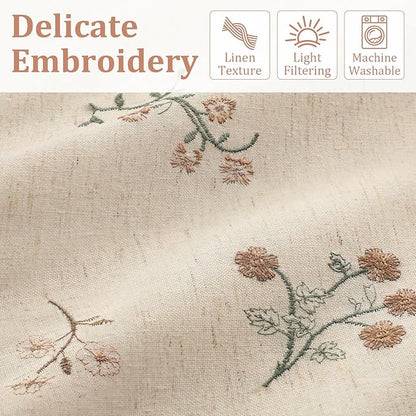Floral Embroidered Linen Blend Curtains for Bedroom, 84 Inch Light Filtering Spring Farmhouse Vintage Drapes Beige Flower Window Treatments for Living Room Rod Pocket, Set of 2 Panels