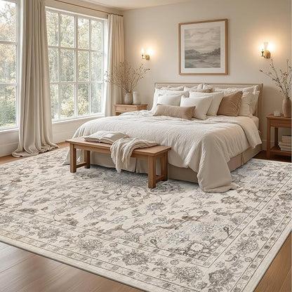 Area Rugs 10x12 Living Room Rug: Washable Rug Soft Vintage Distressed Floral Carpet Indoor Non-Slip Stain Resistant Large Carpets for Bedroom Dining Room Farmhouse Nursery Home Office Brown Beige