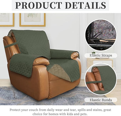 ISSUNTEX Double Protection 100% Waterproof Recliner Covers for Living Room, Reversible Furniture Protector Recliner Couch Sofa Slipcover for Dogs, Pets, Kids (Oversized Recliner, Greyish Green/Beige)