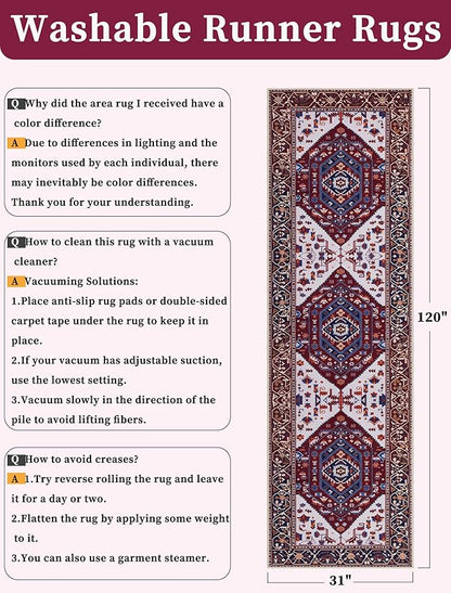SERISSA Runner Rug for Hallways, 2'6"x10' Washable Non Slip Kitchen Runner Rug, Long Boho Rug Vintage Burgundy Navy Hallway Stair Ultra Soft Print Floor Carpet for Bedroom Bathroom Laundry Room