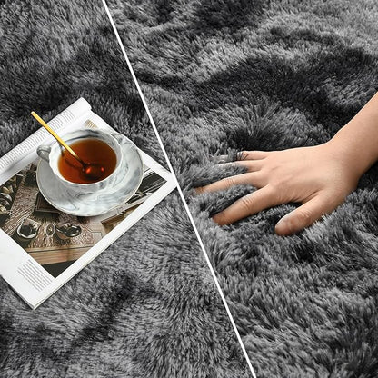 Large Shag Area Rugs 6 x 9, Tie-Dyed Plush Fuzzy Rugs for Living Room, Ultra Soft Fluffy Furry Rug for Bedroom, Indoor Carpet Nursery Rugs for Kids Room Home Decor, Dark Grey