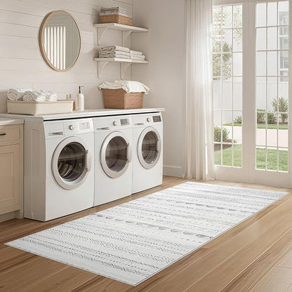Nakagishi Runner Rug Kitchen Washable Rugs: 2x6 Non-Slip Boho Soft Modern Stain Resistant Indoor Floor Neutral Farmhouse Throw Carpet for Hallway Bathroom Laundry Room Entryway Bedroom- Gray