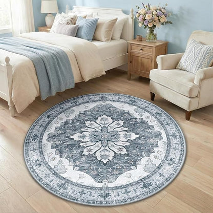 Area Rugs 4ft Washable Non-Slip, Floral Vintage Distress Print Pattern Medallion Carpet for Living Room Bedroom Dining Room, Light Gray Grey White