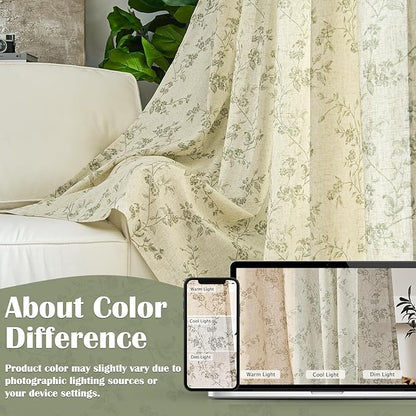 Lazzzy Green Floral Curtains 84 Inch Length Linen Farmhouse Curtain Back Tab Drapes for Living Room Bedroom Light Filtering Vintage Rod Pocket Curtains, 2 Panels, Green on Beige