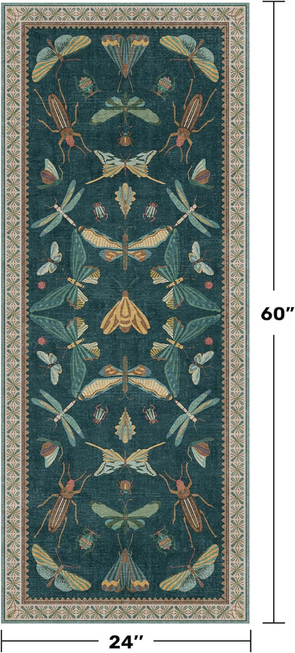 Hazo Haus Brown and Green Kitchen Sink Runner Rug 2x5 - Teal Boho Bathroom Rugs for Entrance Indoor, Insect Print Floral Vintage Unique, Washable Non Skid Stain Resistant