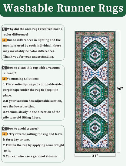 SERISSA Runner Rug for Hallways, 2'6"x8' Washable Non Slip Kitchen Runner Rug, Long Boho Rug Vintage Green White Hallway Stair Ultra Soft Print Floor Carpet for Bedroom Bathroom Laundry Room