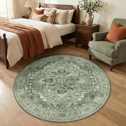 RELEANY Area Rugs 4ft Washable Non-Slip, Floral Vintage Distress Print Pattern Medallion Carpet for Living Room Bedroom Dining Room, Dark Green Gray