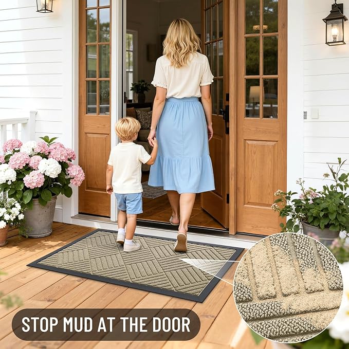 OLANLY Front Door Mat Outside Entrance 59x34, Absorbent, Heavy Duty Sturdy Natural Rubber Doormat Indoor Outdoor, Stain and Fade Resistant, Non-Slip Low Profile Floor Mat for Entryway, Beige Diamond