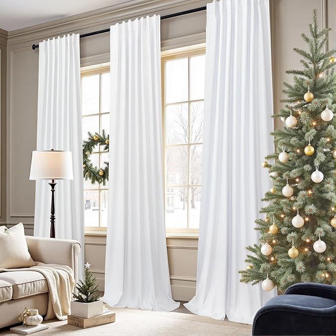 Elegant Curtains for Living Room 102 Inch Long Faux Linen Back Tab Rod Pocket Full Blackout Viral Curtains for Sliding Glass Door Nursery Thermal Curtains for Summer Heat 52x102 Length 2 Panels White