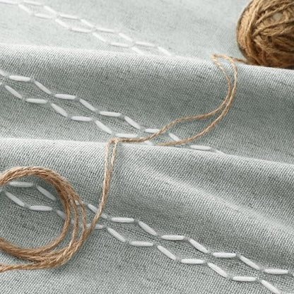 Teal Boho Blackout Curtains 63 Inches Long Light Green Linen Blend 2 Panels with Tassels and Cotton Embroidery, Farmhouse Vintage Rustic Rod Pocket Drapes for Living Room or Bedroom