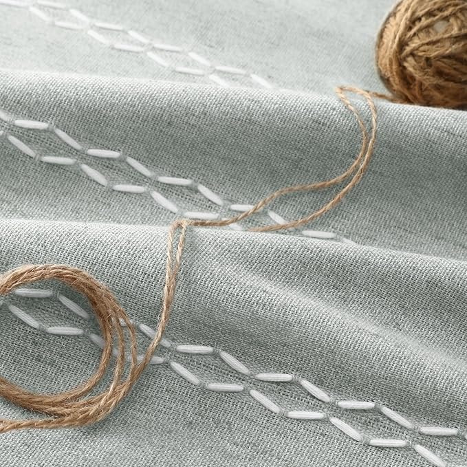 Teal Boho Blackout Curtains 90 Inches Long Light Green Linen Blend 2 Panels with Tassels and Cotton Embroidery, Farmhouse Vintage Rustic Rod Pocket Drapes for Living Room or Bedroom