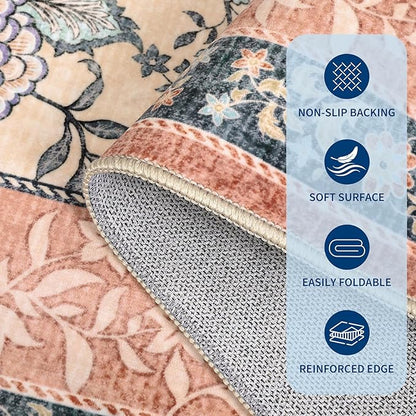 GarveeHome Terracotta Teal Area Rugs 9x12 Living Room, Botanical Grove Cottage core Washable Non-Slip Rug for Bedroom Dining Nursery Low-Pile Vintage Large Soft Carpet