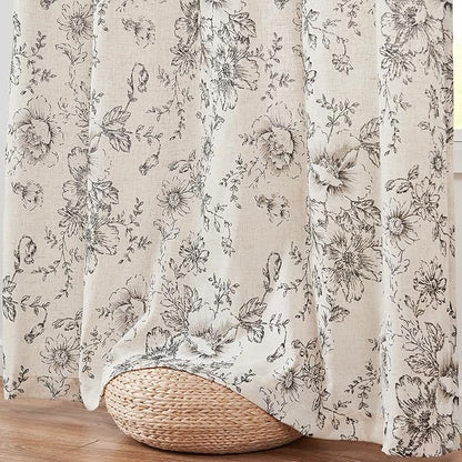 jinchan Floral Linen Lined Curtains for Living Room 84 Inches Long Farmhouse Printed Back Tab Drapes French Country Black Peony Patterned Bedroom Window Curtains Set 2 Panels