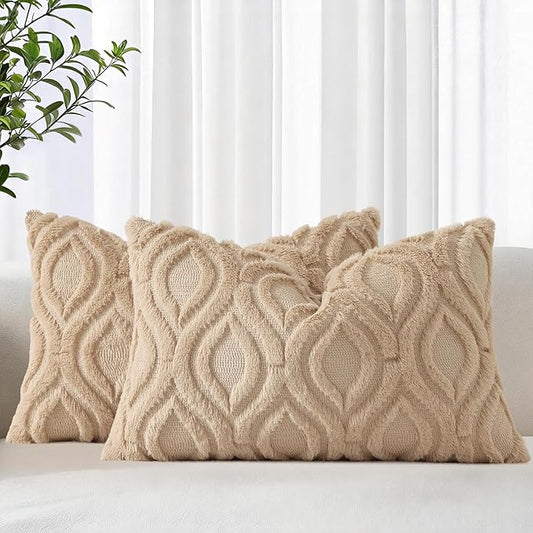 decorUhome Throw Pillow Covers 12x20 Inch Set of 2, Soft Plush Faux Wool Light Khaki Solid Couch Pillow Covers, Accent Farmhouse Neutral Rectangle Pillow Cases for Sofa Bed Living Room