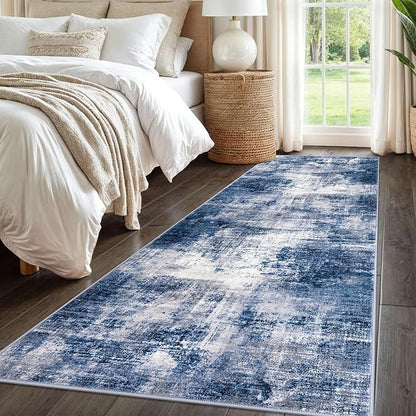 IOHOUZE Abstract Runner Rug 3x8 Ft Washable Runners for Hallways, Non Slip Kitchen Runner Printed Faux Wool Entryway Runner Indoor, Modern Abstract Floor Carpet for Hall Bedroom, Navy/Grey