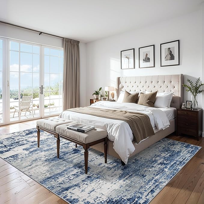 Area Rugs Living Room Rug - 4x6 Washable Modern Abstract Soft Neutral Non-Slip Carpet Large Indoor Floor Thin Carpets for Bedroom Dining Room Farmhouse Nursery Home Office Blue Gray