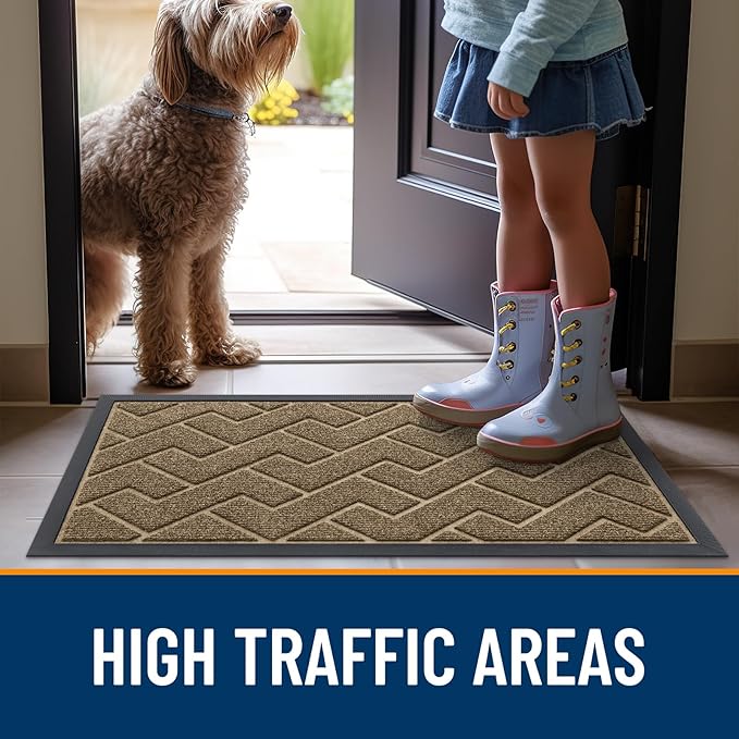 OLANLY Front Door Mat Indoor Outdoor Entrance, Waterproof All-Season, All-Weather Doormat, Sturdy Natural Rubber, Low Profile, Easy Clean Patio Porch Entryway Mat, Herringbone Brick (Brown, 29.5x17)