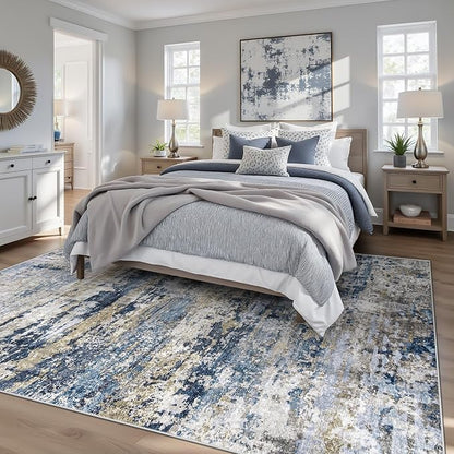 pmtsns Area Rugs 5x7 for Living Room: Washable Rug Modern Abstract Neutral Soft Non-Slip Low-Pile Indoor Carpet for Bedroom Dining Room Playroom Home Office (Blue Grey Brown, 5'x7')