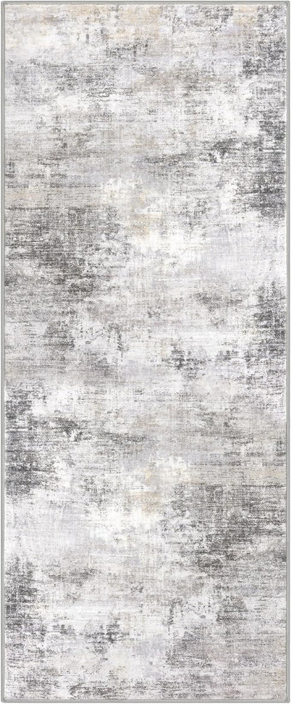 IOHOUZE Abstract Runner Rug 2x5 Ft Washable Runners for Hallways, Non Slip Kitchen Runner Printed Faux Wool Entryway Runner Indoor, Modern Abstract Floor Carpet for Hall Kitchen Bedroom, Grey Beige