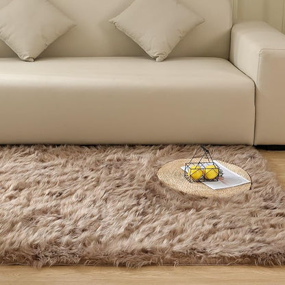 Goolela Fluffy Faux Fur Rug for Bedroom 4x6 Light Brown Beige Sheepskin Fuzzy Furry Soft Rug for Living Room Bedside Dorm Plush Shaggy Washable Rectangle