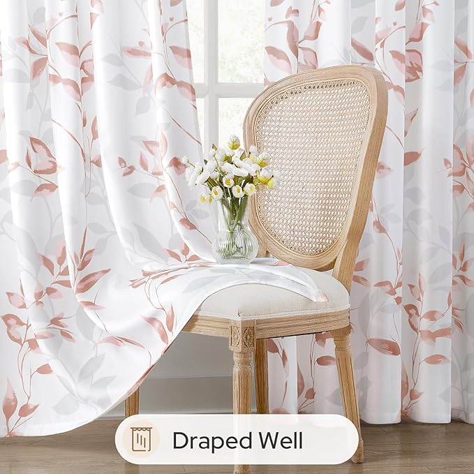 HOMEIDEAS Non-See-Through Pink and White Privacy Sheer Curtains 52 X 63 Inch Length 2 Panels, Leaf Floral Printed Light Filtering Semi Sheer Window Curtains Drapes for Bedroom Living Room