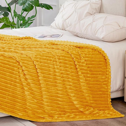 BEDELITE Fleece Blanket Queen Size – 3D Ribbed Jacquard Soft and Warm Decorative Fuzzy Blankets – Cozy, Fluffy, Plush Lightweight Throw Blankets for Couch, Bed, Sofa(Mustard Yellow, 90x90 inches)