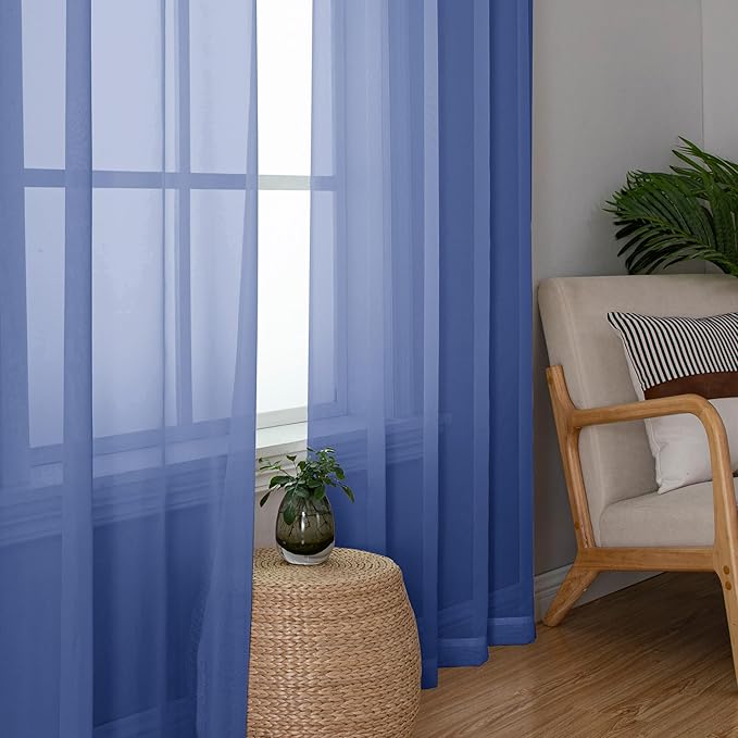 Simplebrand Royal Blue Sheer Curtains 63 Inch Length 2 Panels, Rod Pocket Solid Color Window Sheer Curtain Panels, Elegant Curtains & Drapes for Living Room, Bedroom (Royal Blue, 42" W x 63" L)