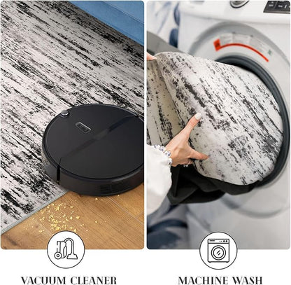 Lansny Modern Abstract Runner Rug 2x6, White Black Grey Taupe Washable Kitchen Runner Non-Slip Soft Hallway Rug Runner Thin Print Faux Wool Carpet for Entryway Bedroom Laundry Room Indoor Home Decor